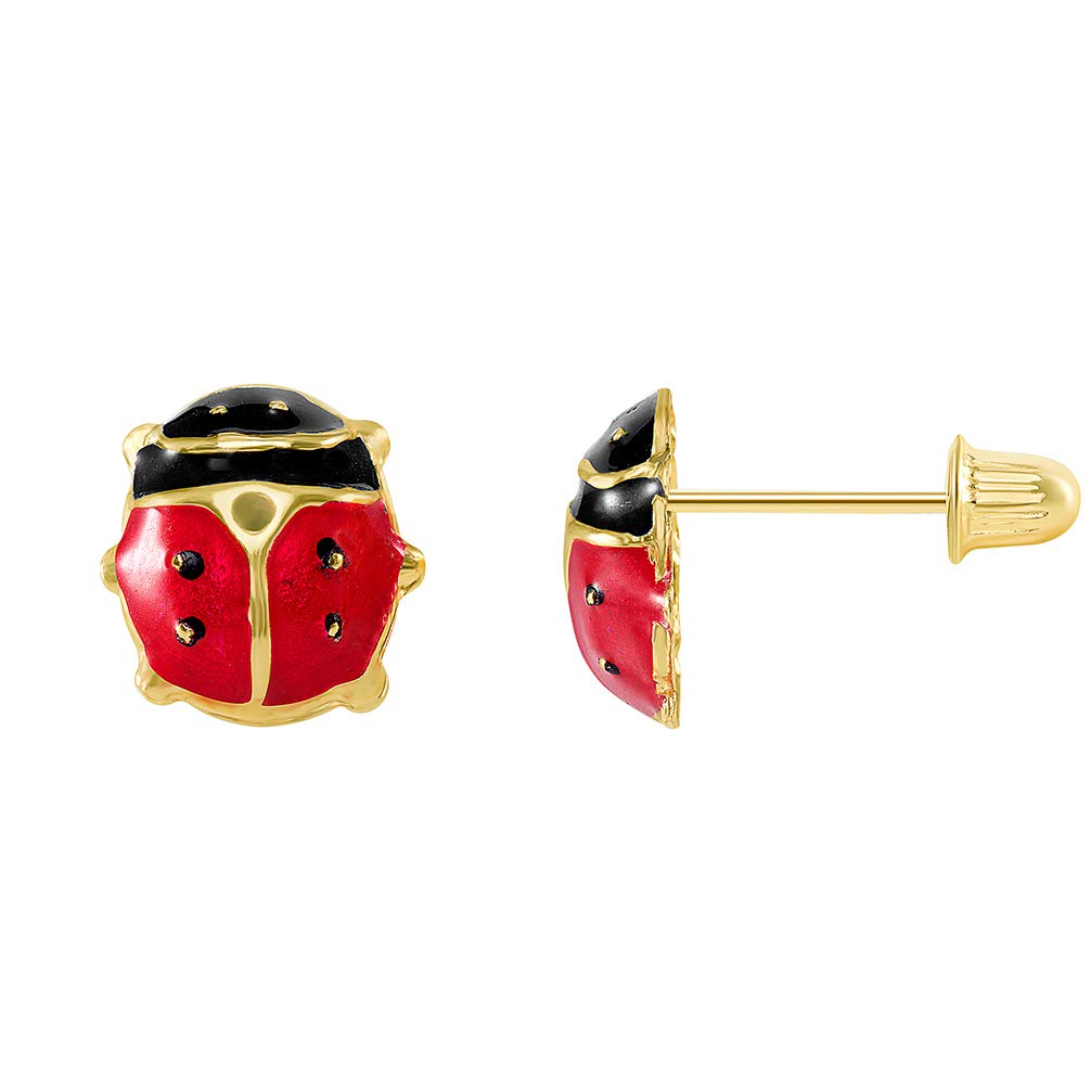 14k Yellow Gold Ladybug Stud Earrings with Screw Back (9 x 8.5 mm)
