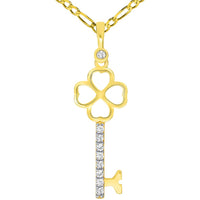 Load image into Gallery viewer, 14k Yellow Gold Cubic Zirconia Four Leaf Clover Love Key To My Heart Pendant Necklace with Figaro Chain
