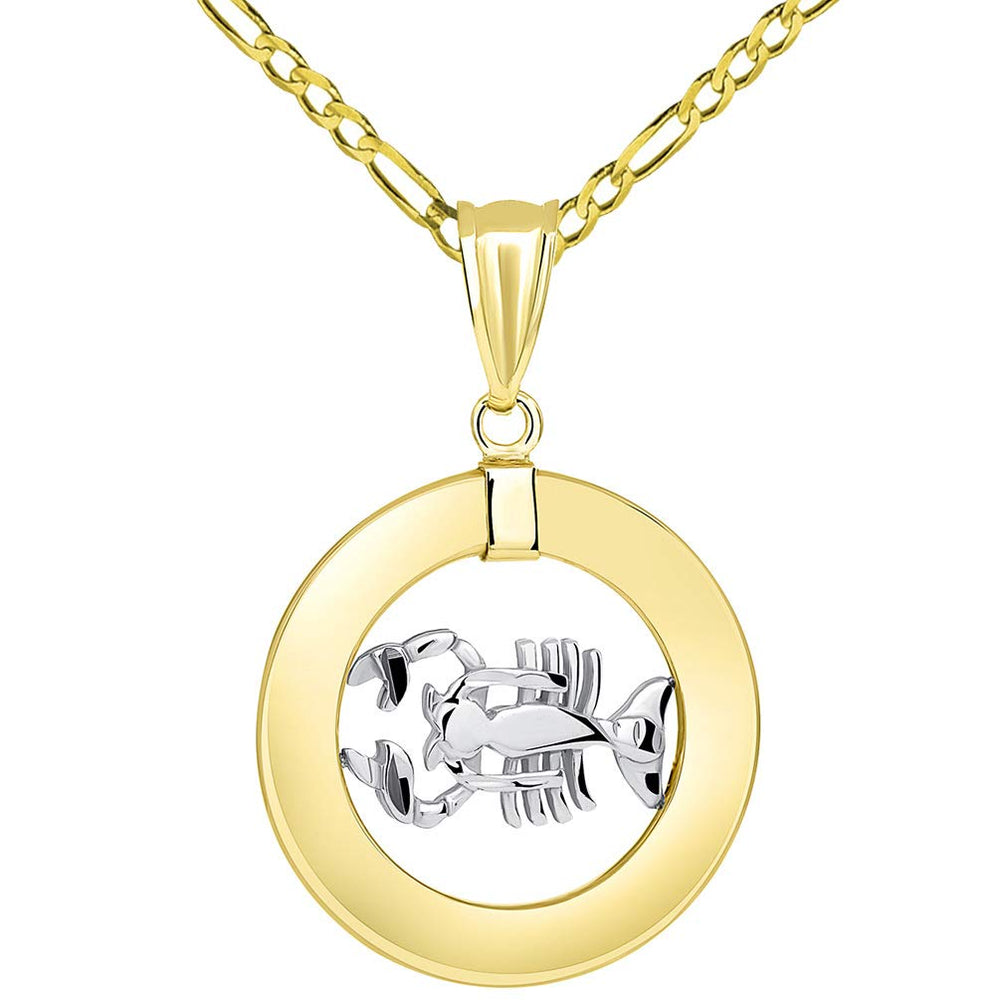 14k Gold Open Circle Cancer Zodiac Sign Pendant Figaro Necklace - Two-Tone Gold