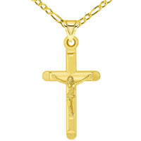 Load image into Gallery viewer, 14k Yellow Gold Tube-Style Religious Crucifix Pendant with Figaro Chain Necklace
