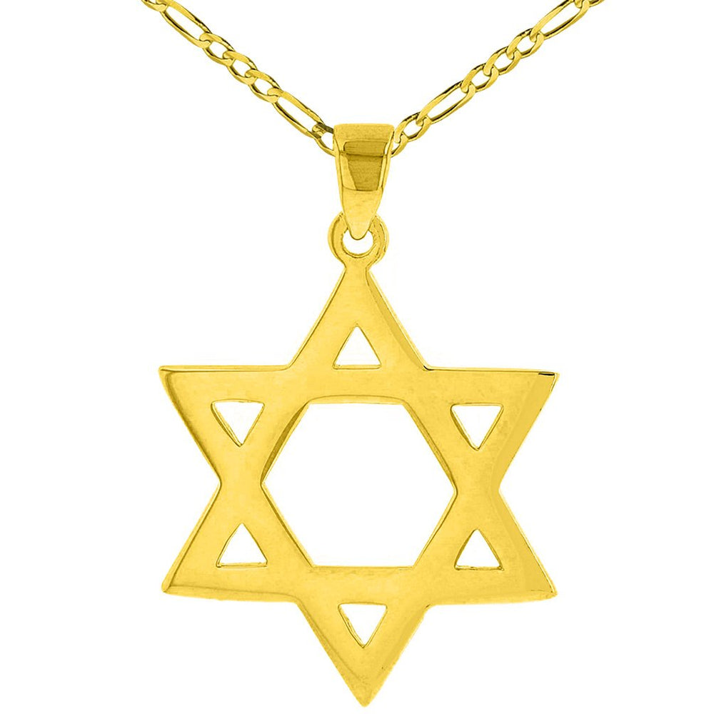 Solid 14K Gold Star Of David Hebrew Pendant with Figaro Necklace - Yellow Gold