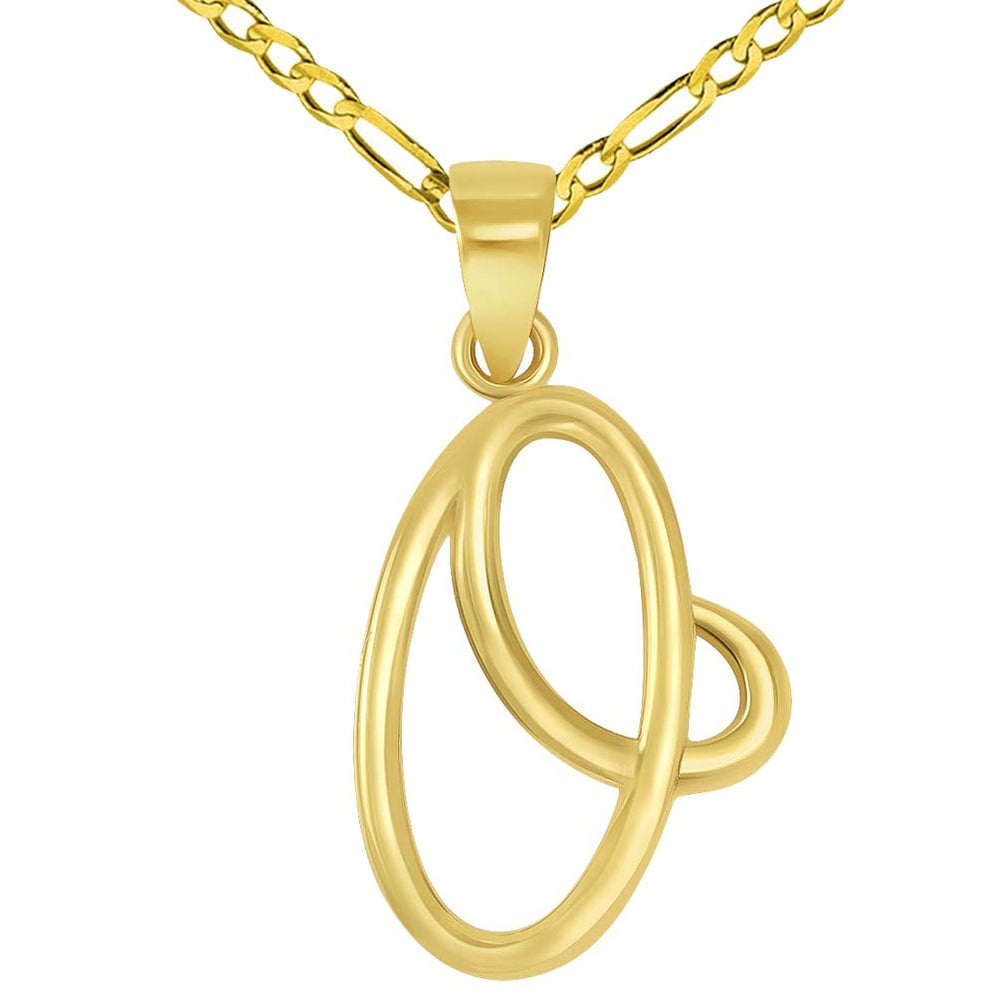 14k Yellow Gold Elegant Script Letter O Cursive Initial Pendant with Figaro Chain Necklace