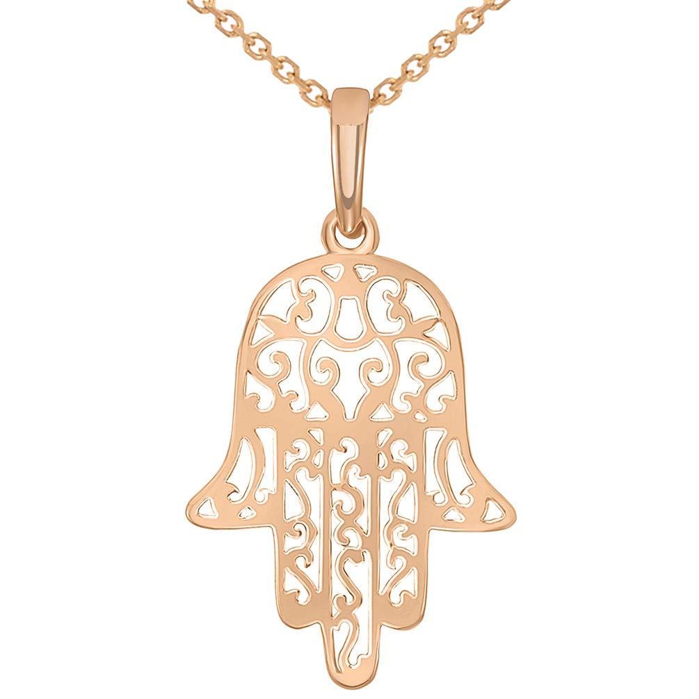 14k Rose Gold Filigree Hamsa Hand of Fatima Charm Pendant Necklace