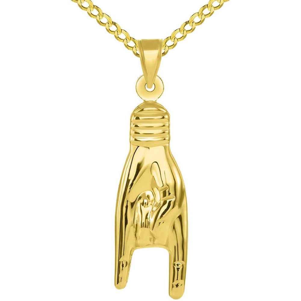 14k Yellow Gold Hand Charm Mano Cornuto Good Luck Sign Pendant with Cuban Necklace