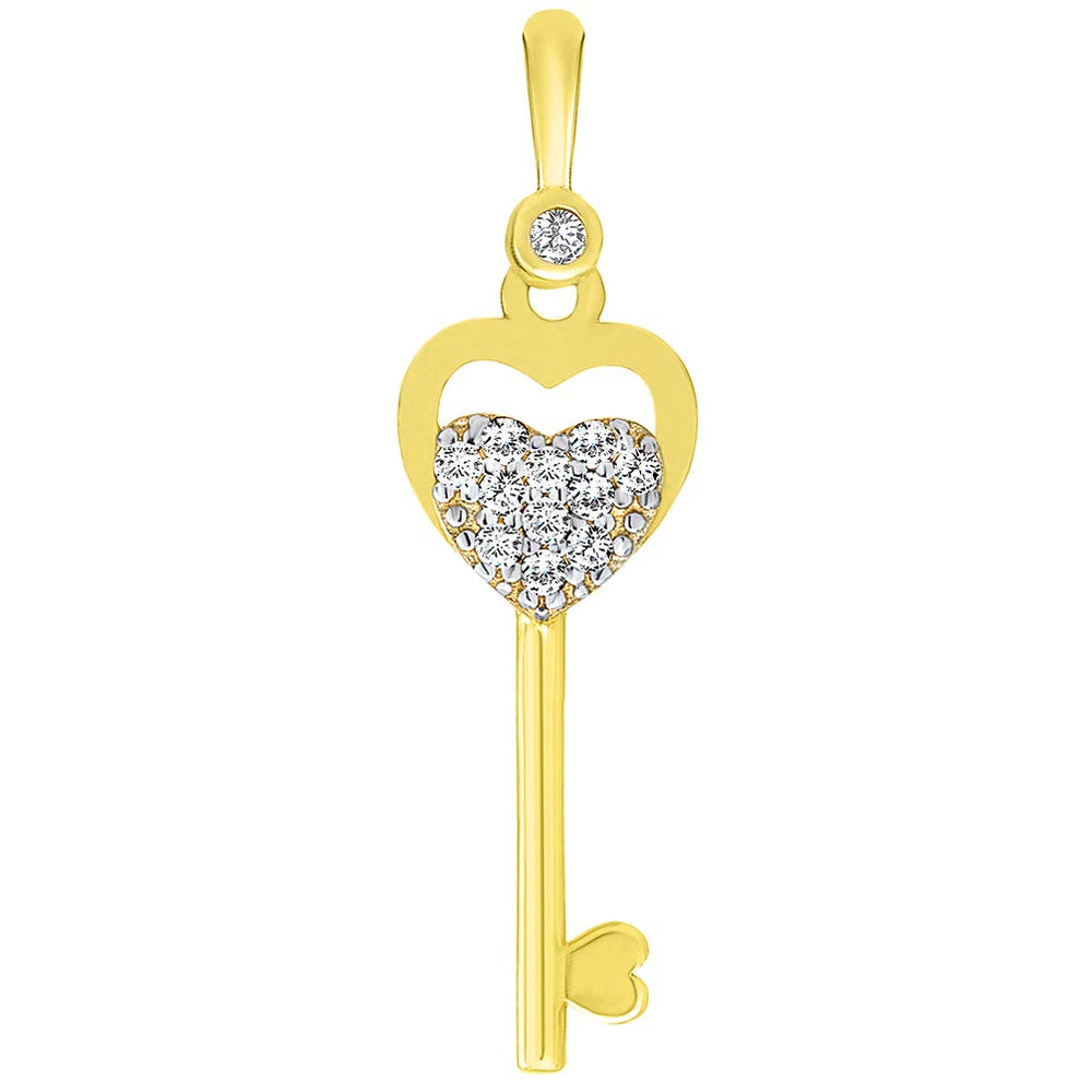 14K Yellow Gold Open Double Heart Love Key Pendant with Cubic Zirconia Gemstones