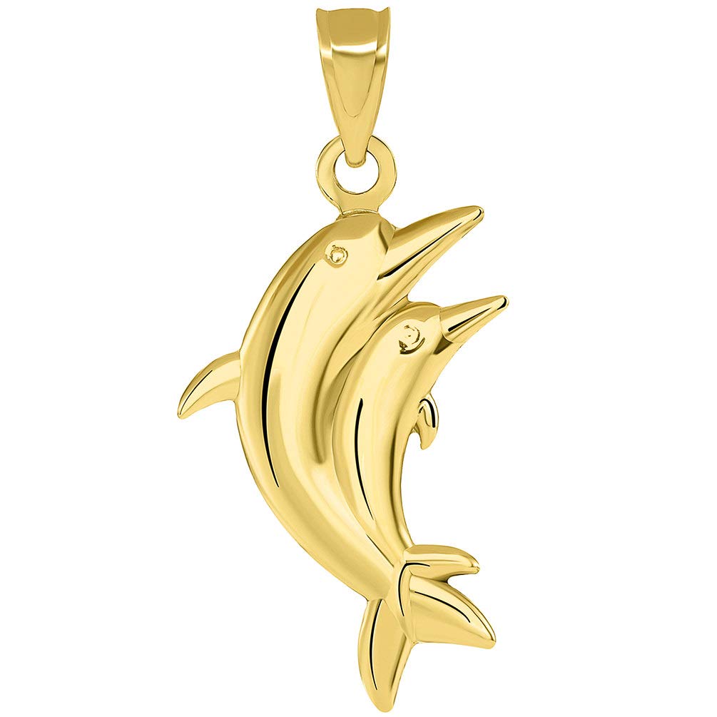 14k Yellow Gold 3D Two Dolphins Jumping Together Vertical Pendant