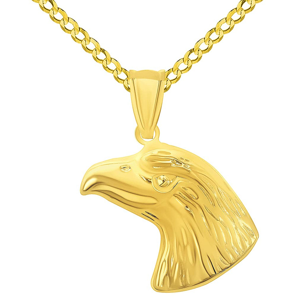 14k Yellow Gold Polished 3D Bald Eagle Head Animal Pendant with Cuban Curb Chain Necklace