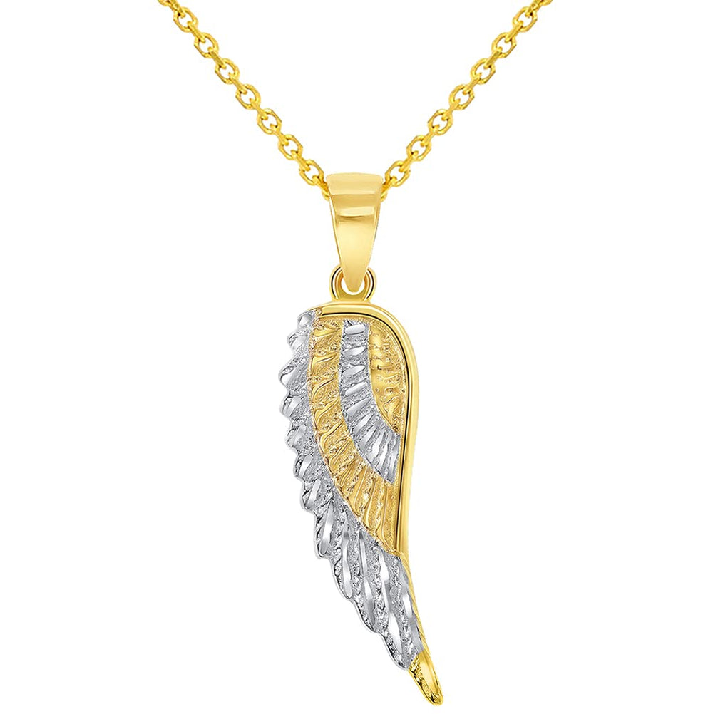 Solid 14k Yellow Gold Textured Two-Tone Angel Wing Charm Pendant with Rolo Cable Chain Necklace