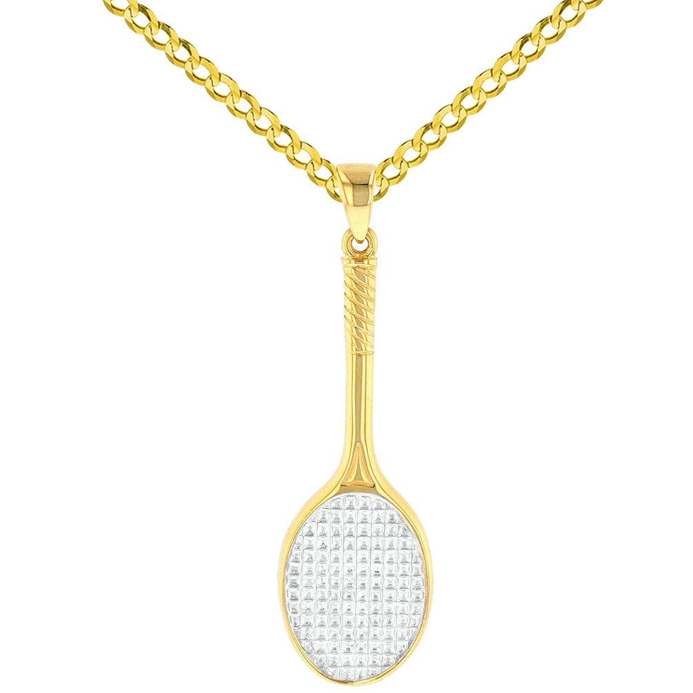 14k Yellow Gold Tennis Racquet Charm Pendant Cuban Necklace