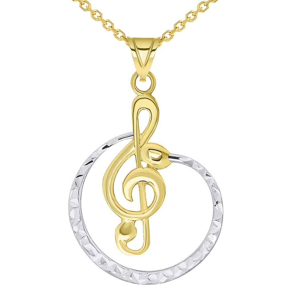 14k Yellow Gold Textured Two Tone Circle G Clef Charm Musical Note Pendant Available with Rolo, Curb, or Figaro Chain