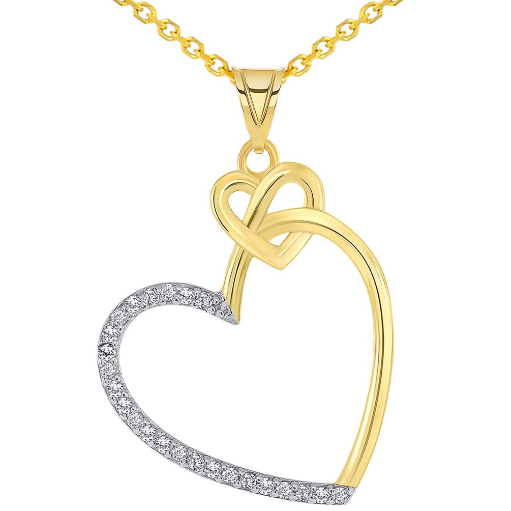 14k Yellow Gold Cubic Zirconia Fancy and Elegant Interlocking Double Heart Pendant Necklace
