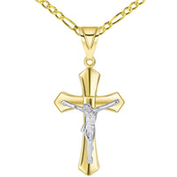 Load image into Gallery viewer, 14k Two Tone Solid Gold Passion Christian Cross Crucifix Pendant with Figaro Necklace
