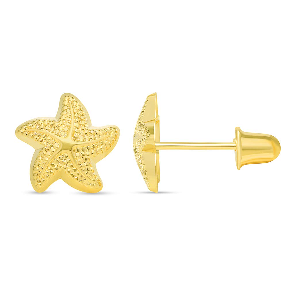 14k Yellow Gold Textured Starfish Stud Earrings with Screw Back