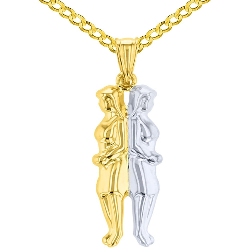 High Polish 14K Yellow Gold Gemini Pendant Zodiac Sign Charm Cuban Chain Necklace