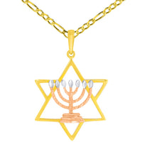 Load image into Gallery viewer, 14K Yellow Gold and Rose Gold Jewish Star of David with Menorah Pendant with Figaro Chain Necklace
