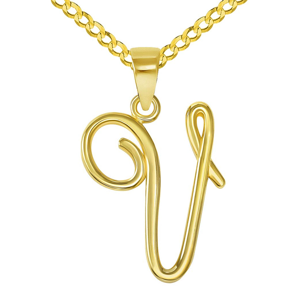 14k Yellow Gold Elegant Script Letter V Cursive Initial Pendant with Concave Cuban Link Curb Chain Necklace
