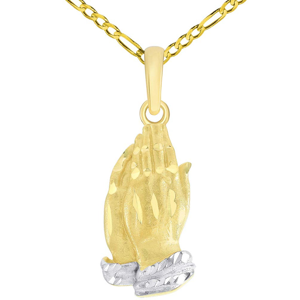 14k Yellow Gold Textured Praying Two-Tone Prayer Hands Charm Pendant with Figaro Chain Necklace