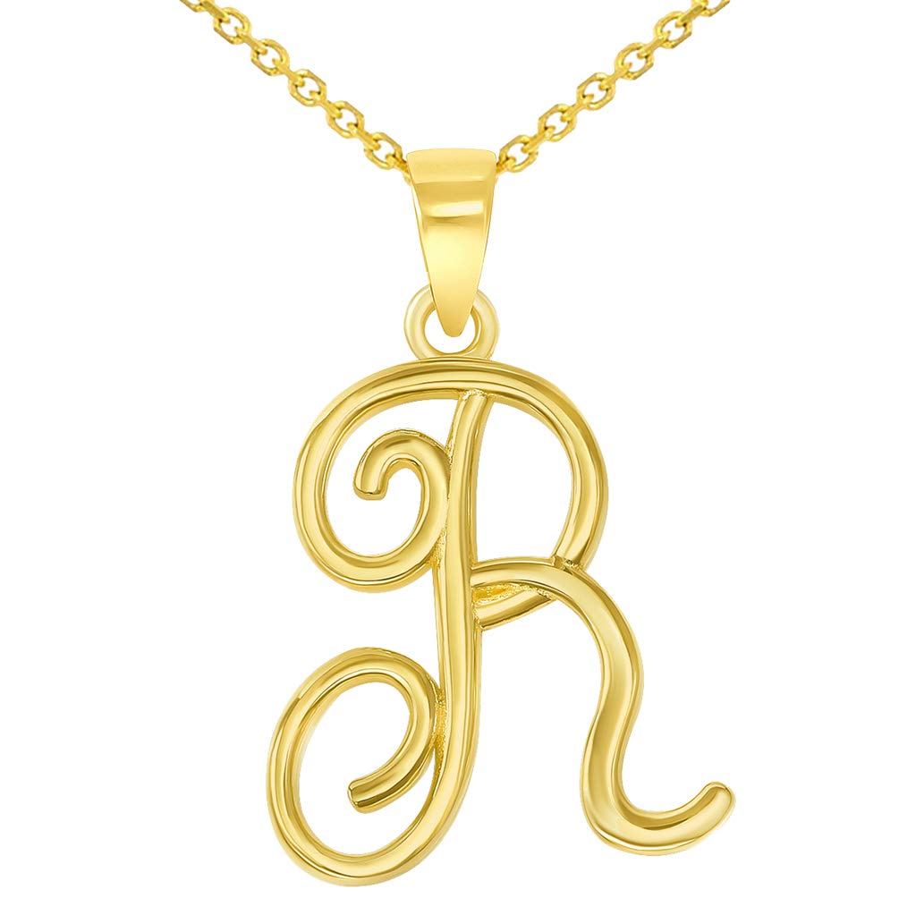 14k Yellow Gold Elegant Script Letter R Cursive Initial Pendant Necklace