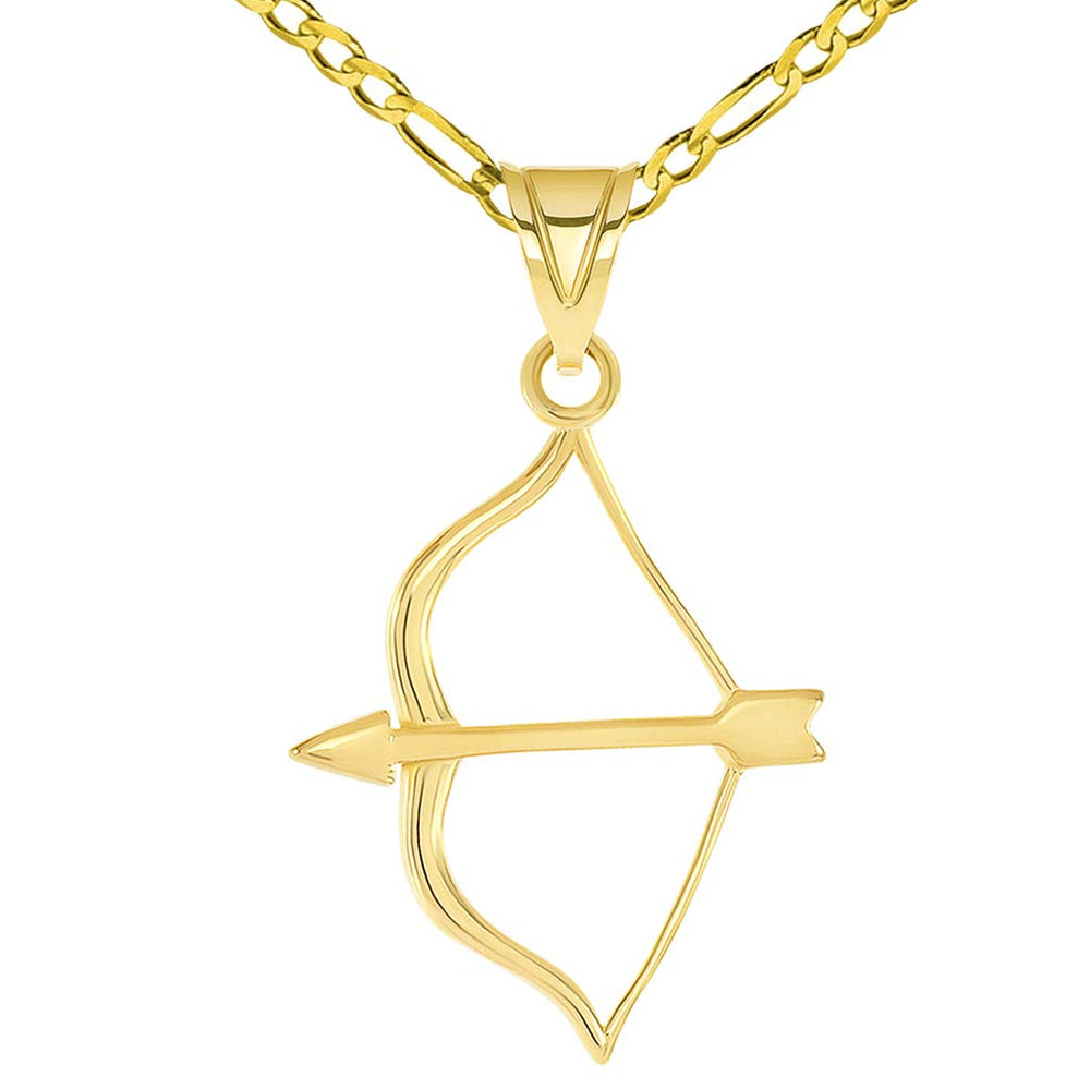 14k Yellow Gold Dainty Traditional Bow and Arrow Charm Pendant with Figaro Chain Necklace