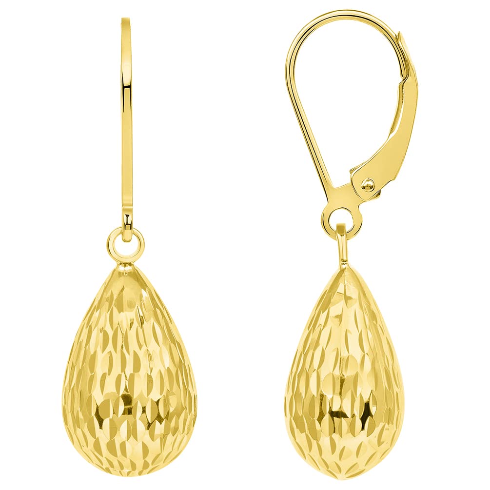 14k Yellow Gold Textured Pear-Shaped Teardrop Dangle Drop Earrings, 9.5mm