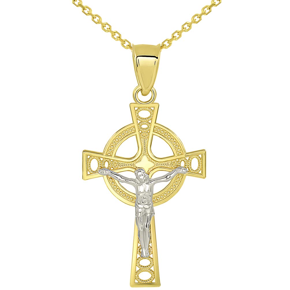 Solid 14k Two Tone Gold Celtic Cross Jesus Crucifix Pendant with Rolo Chain Necklace