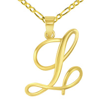 Load image into Gallery viewer, 14k Yellow Gold Elegant Script Letter L Cursive Initial Pendant with Figaro Chain Necklace

