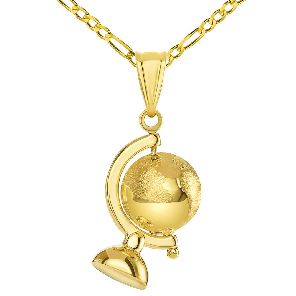 14k Yellow Gold Spinning Globe Pendant with Figaro Chain Necklace