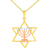 Load image into Gallery viewer, 14K Yellow Gold &amp; Rose Gold Jewish Star of David with Menorah Pendant Necklace
