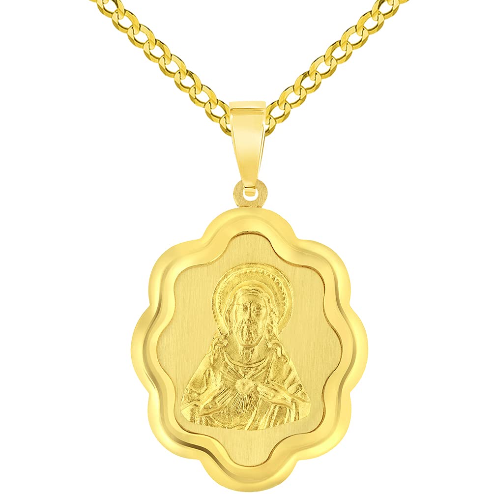 14k Yellow Gold Sacred Heart of Jesus Christ On Elegant Miraculous Medal Pendant with Cuban Chain Curb Necklace