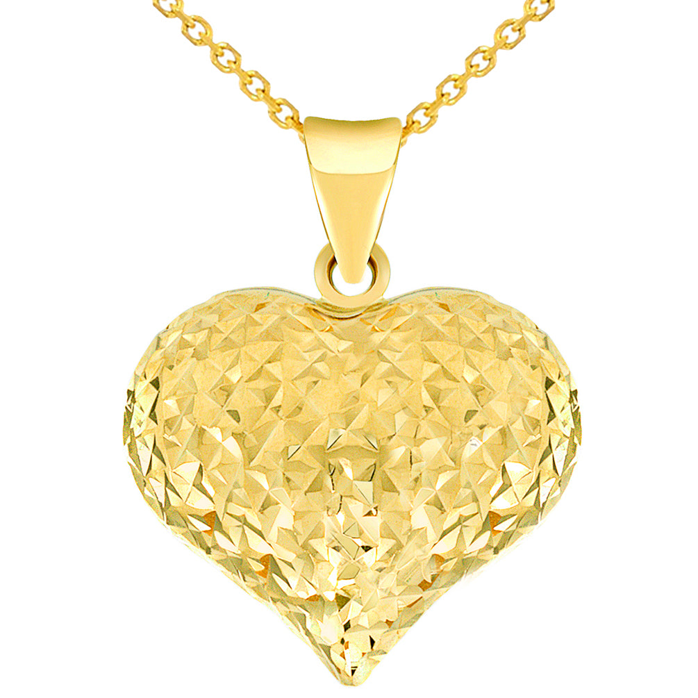 14k Yellow Gold Sparkle Cut Puffed Heart Charm Pendant Necklace