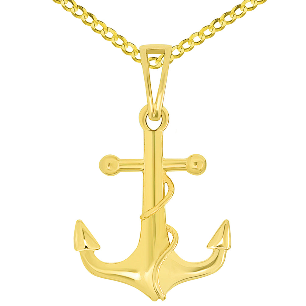 Yellow Gold Maritime Anchor Rope Pendant Necklace
