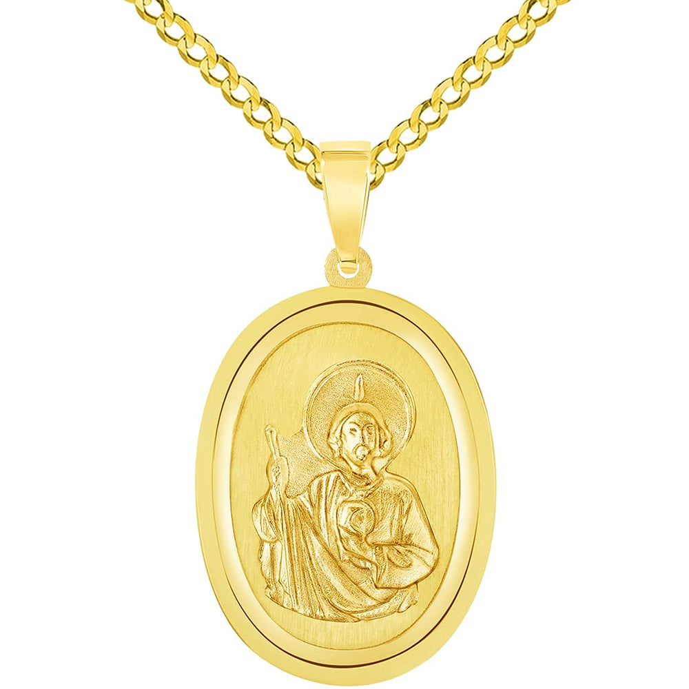 14k Yellow Gold Oval Miraculous Medal of Saint Jude Thaddeus the Apostle Pendant with Cuban Chain Curb Necklace