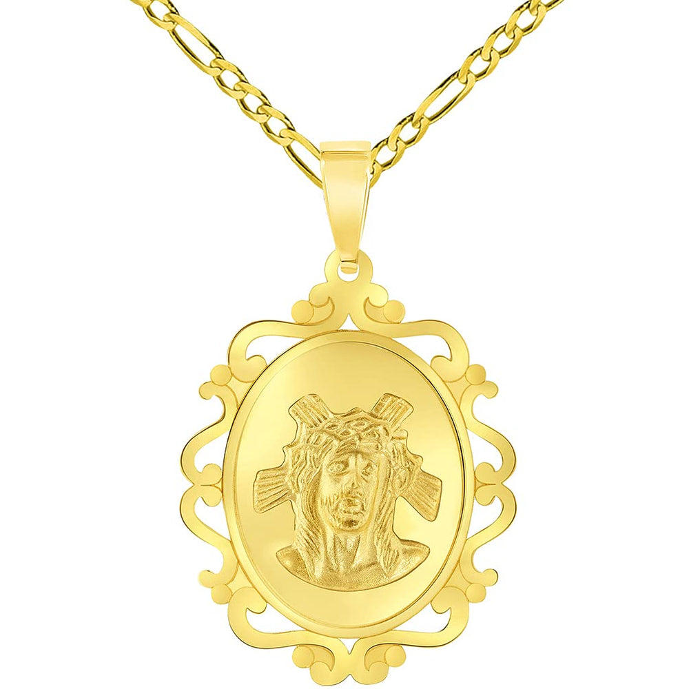 14k Yellow Gold Holy Face of Jesus Christ On Elegant Ornate Miraculous Medal Pendant with Figaro Chain Necklace