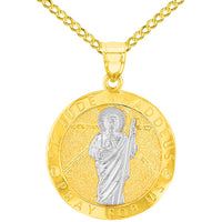 Load image into Gallery viewer, Solid 14K Yellow Gold Round St. Jude Thaddeus Medallion Pray For Us Pendant with Cuban Chain Necklace

