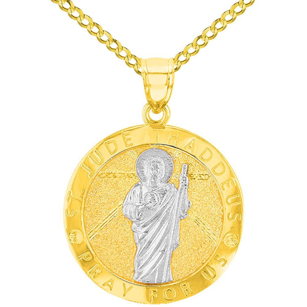 Solid 14K Yellow Gold Round St. Jude Thaddeus Medallion Pray For Us Pendant with Cuban Chain Necklace
