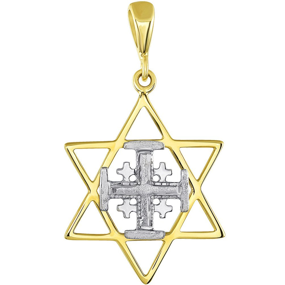 Solid 14K Gold Star of David and Jerusalem Cross Pendant - Two-Tone Gold