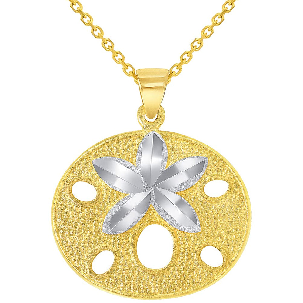 Solid 14k Yellow Gold Sand Dollar Two Tone Sea Star Shell Pendant Necklace