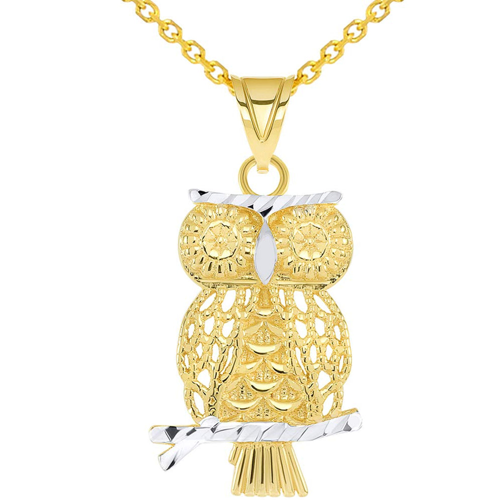 14K Yellow Gold Textured Milgrain Edged Two-Tone Owl Pendant Necklace