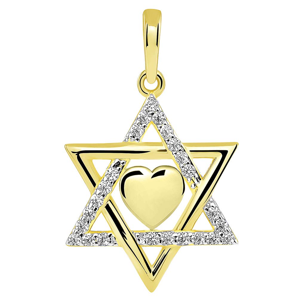 14k Yellow Gold Hebrew Love CZ Star of David with Heart Pendant