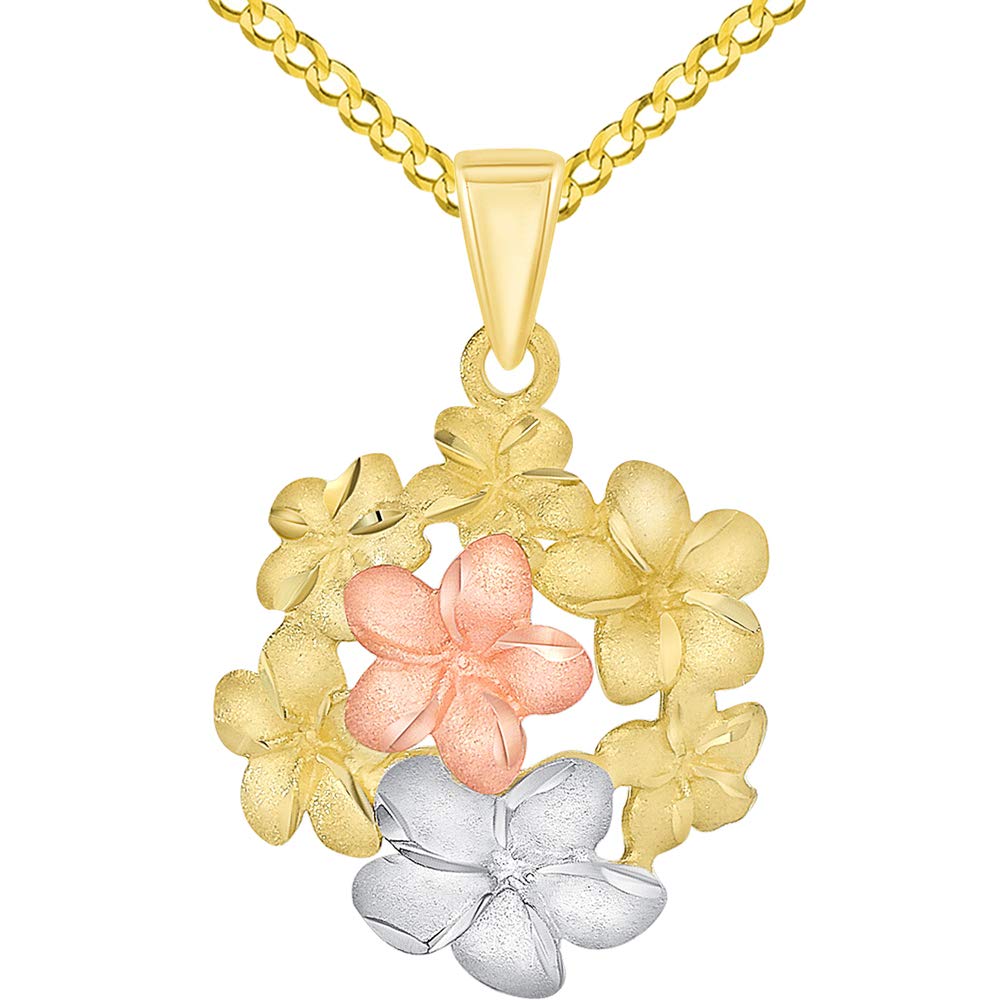 14k Yellow and Rose Gold Bouquet of Tri-Tone Hawaiian Plumeria Flower Pendant with Curb Chain Necklace