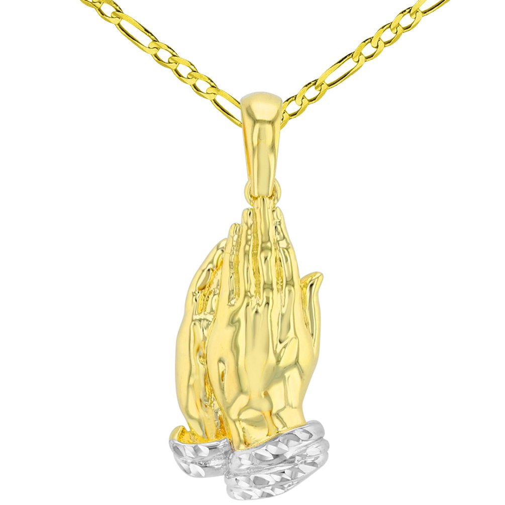 High Polished 14K Yellow Gold Religious Dainty Praying Prayer Hands Pendant with Figaro Necklace