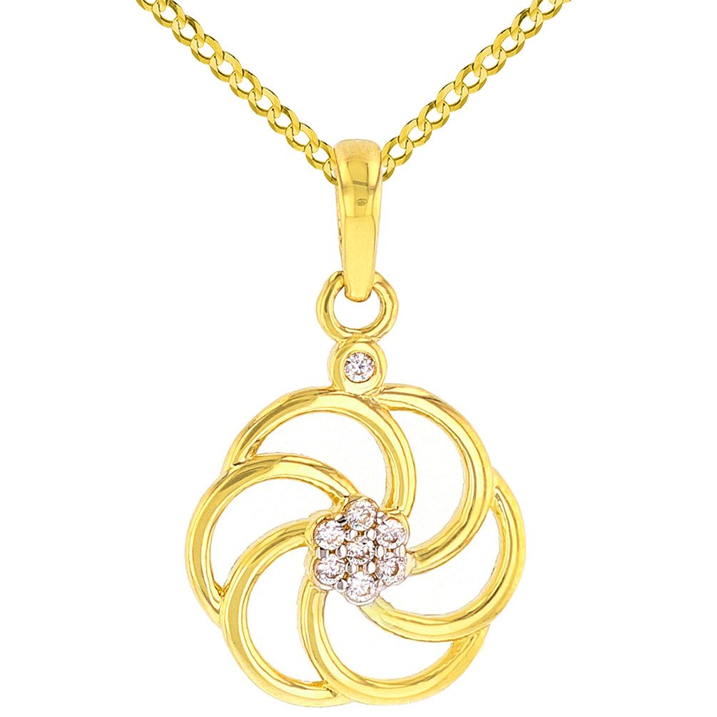 14K Yellow Gold Eternity Sign Charm Armenian Symbol Pendant Cuban Chain Necklace with CZ Gemstones