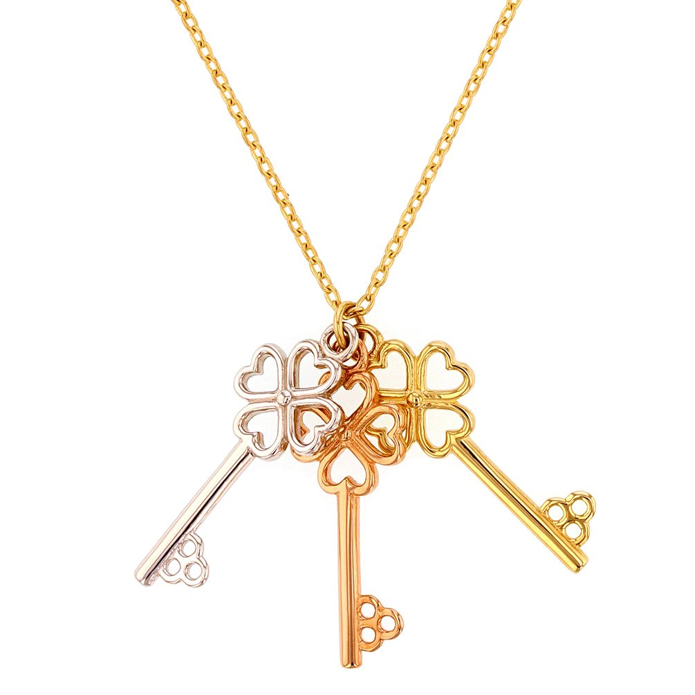 14K Tri-Color Gold Heart Three Keys Necklace