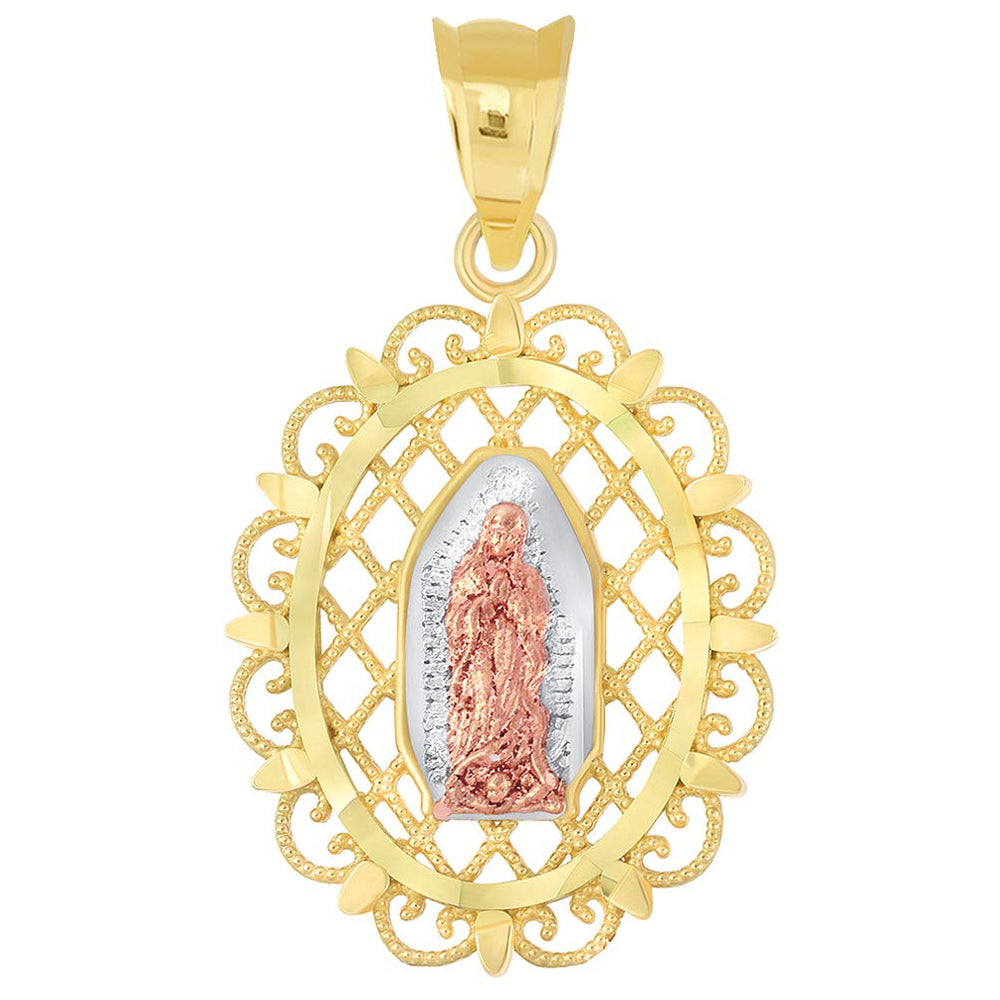 14k Yellow and Rose Gold Milgrain Ornate Our Lady of Guadalupe Charm Oval Pendant