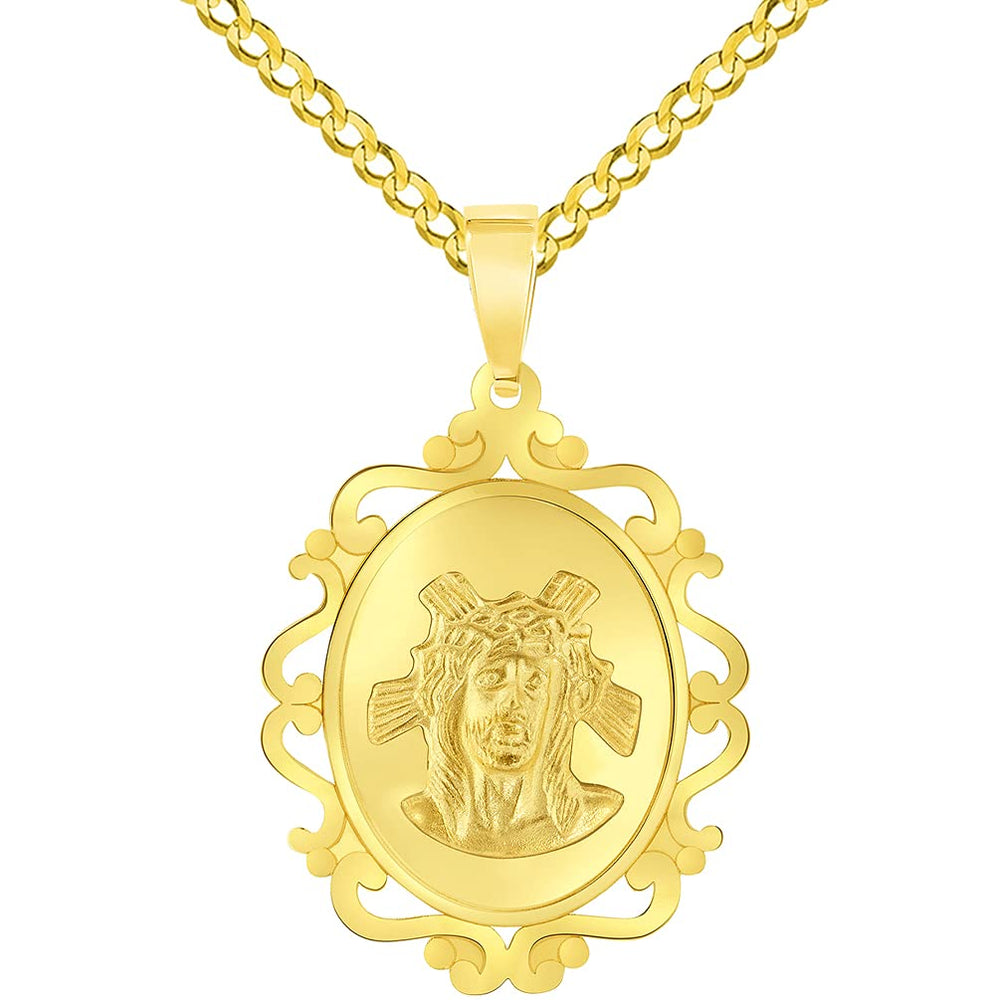 14k Yellow Gold Holy Face of Jesus Christ On Elegant Ornate Miraculous Medal Pendant with Cuban Chain Curb Necklace