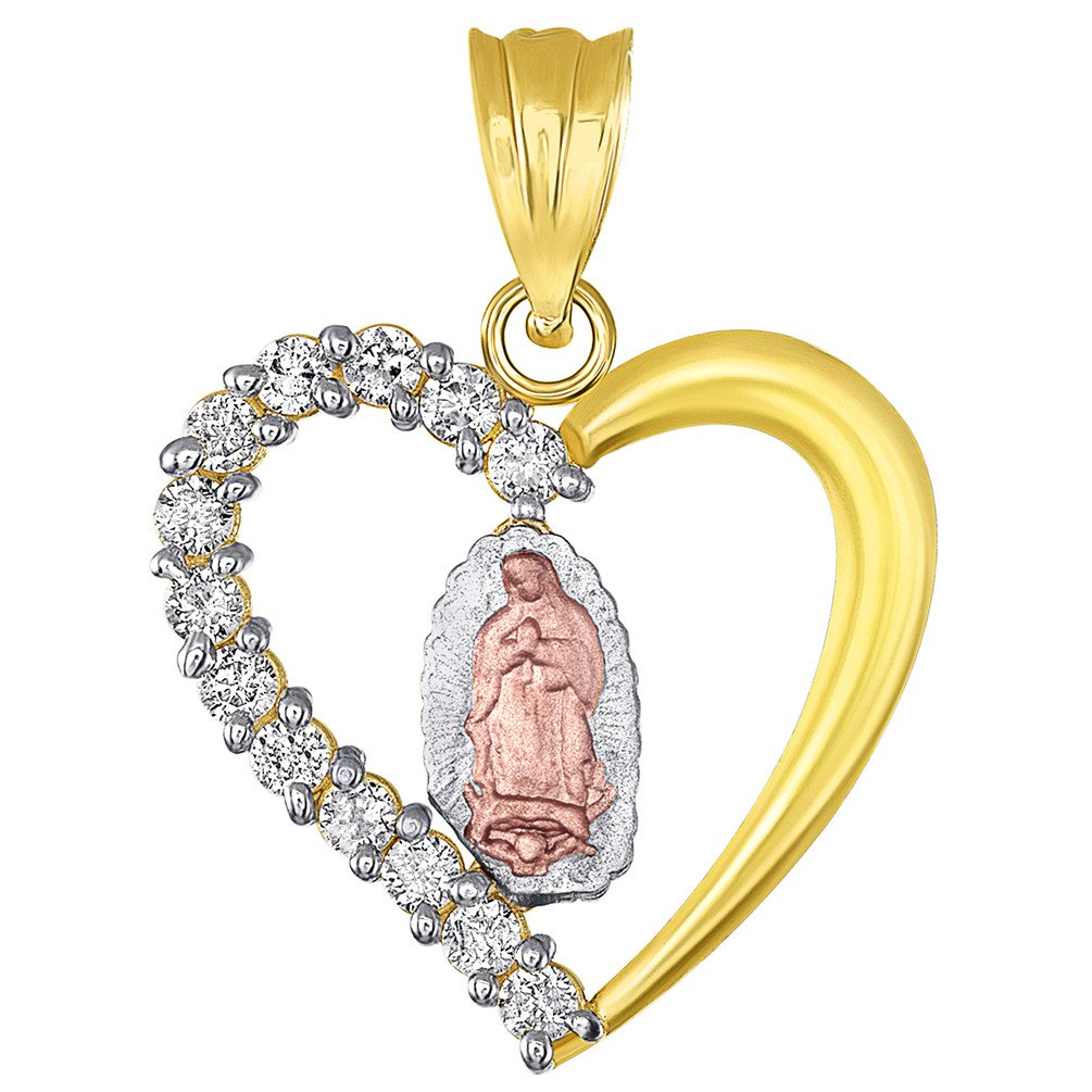 14K Yellow Gold and Rose Gold Open Heart Praying Guadalupe Pendant with Cubic Zirconia Gemstones