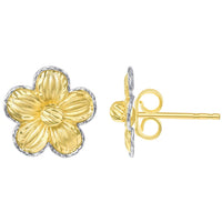 Load image into Gallery viewer, 14k Two-Tone Gold Textured Blooming Flower Stud Floral Earrings with Friction Back, 11mm

