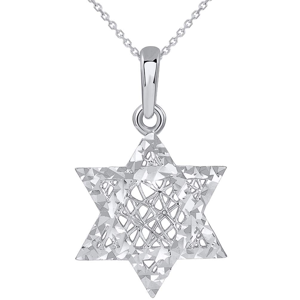 14k White Gold Textured 3D Jewish Star of David Pendant Necklace