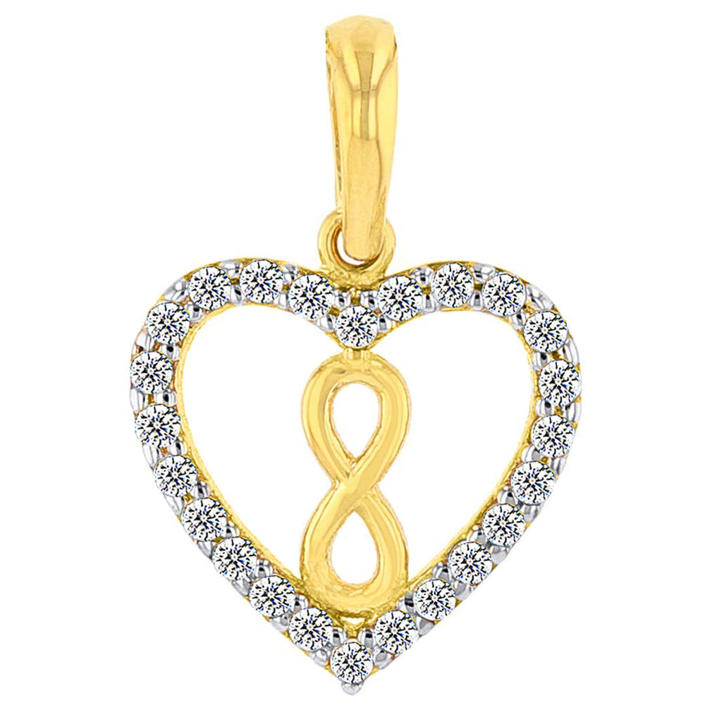 Solid 14k Yellow Gold CZ Heart wit Vertical Infinity Symbol Pendant