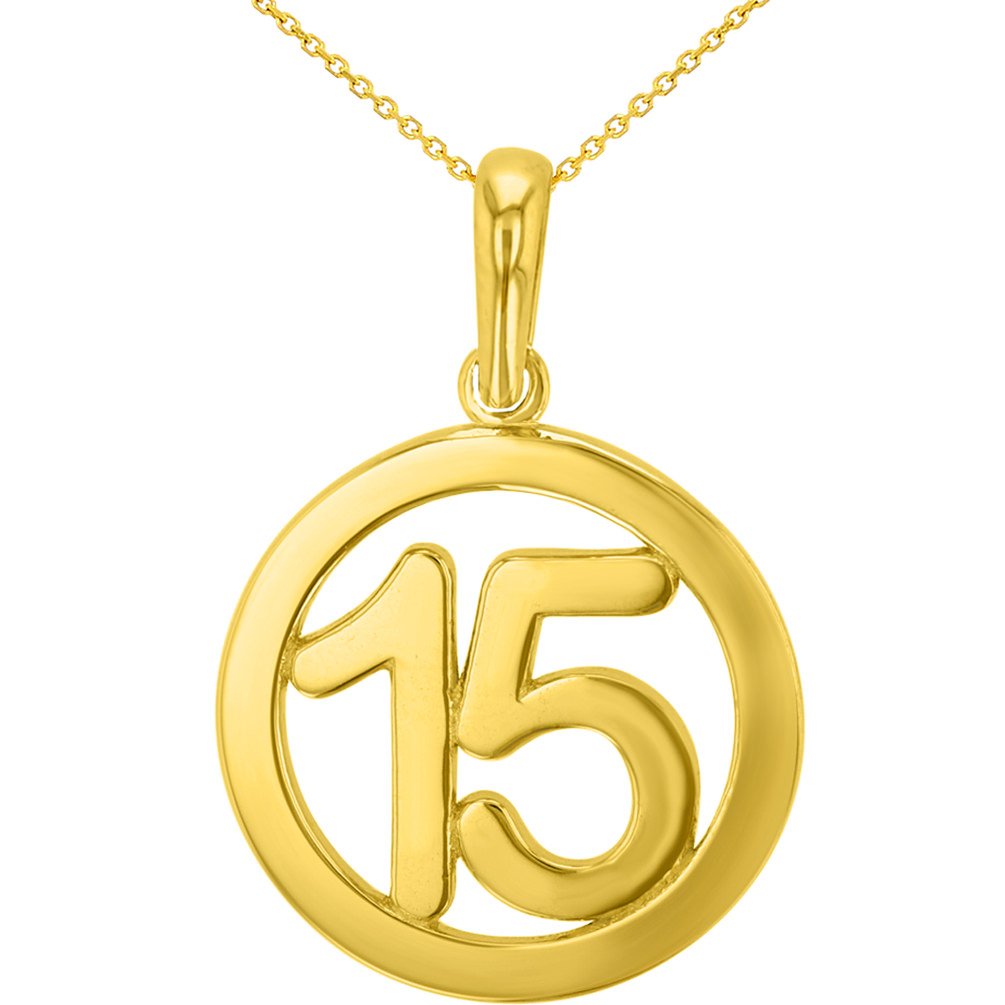 Solid 14K Yellow Gold Round Number Fifteen Charm Pendant Necklace